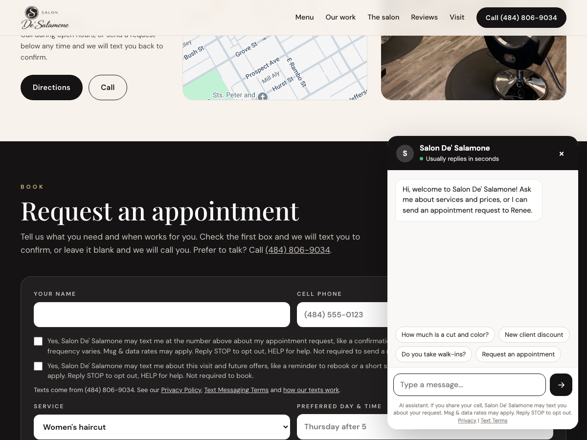 The website chat with the text message note under the message box