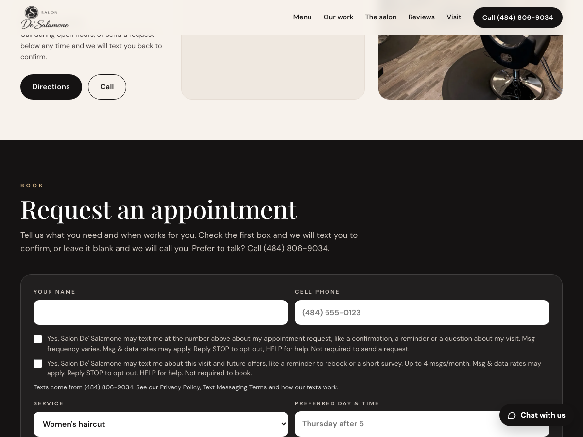 The request form with the text message consent box, shown unchecked